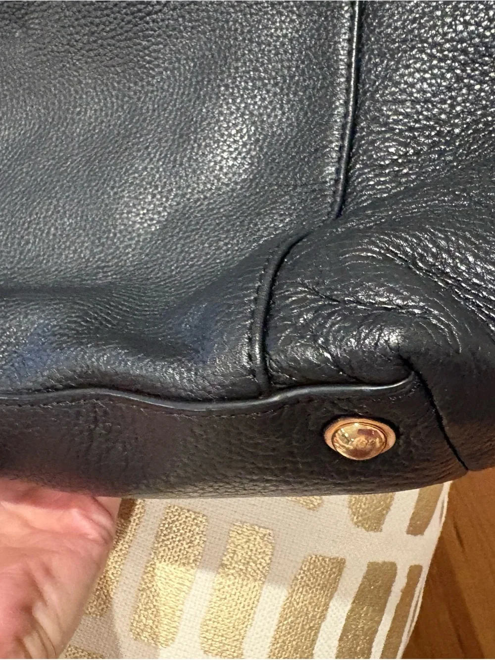 Michael Kors Black Leather Tote with Tan Straps and Gold MK Charm